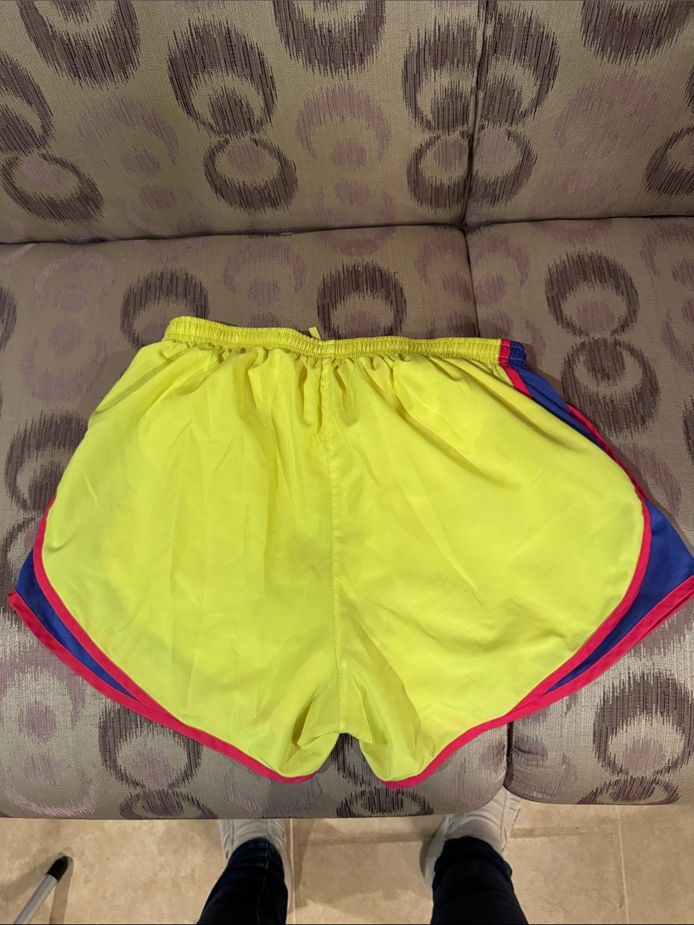 Nike Women’s Bright Yellow Athletic Shorts with Blue Panels and Pink Trim - Picture 3 of 5